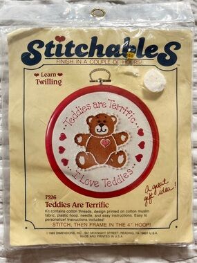 NEW Vtg Stitchables Twilling Needlework Kit Teddy Bear I Love Teddies Hoop 4”